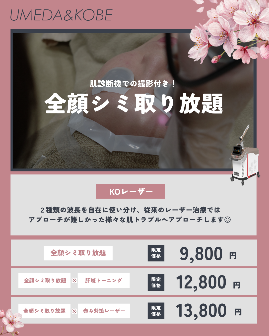 肌診断機の撮影付き！全顔シミ取り放題CP！