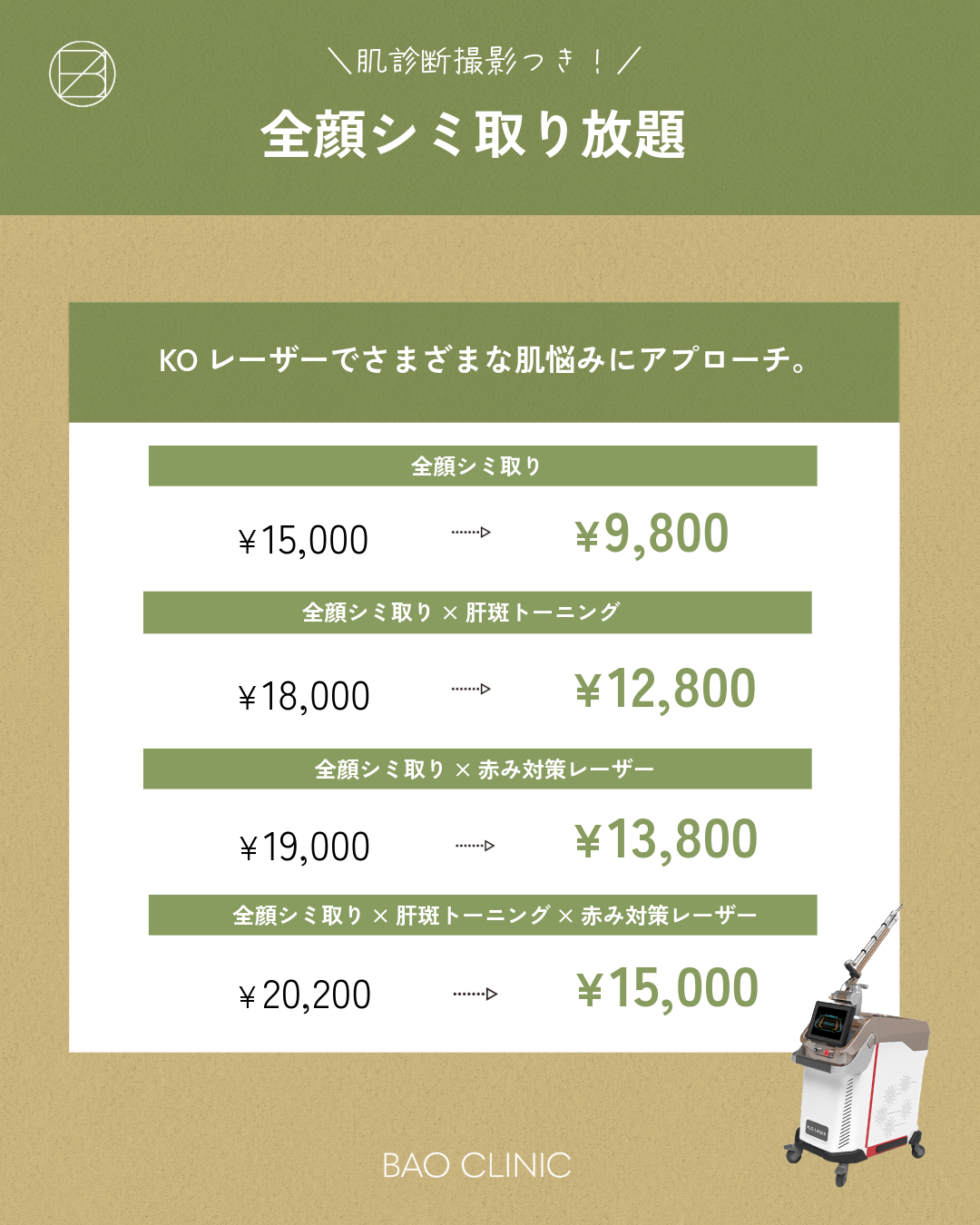 肌診断機付き！全顔シミ取り放題