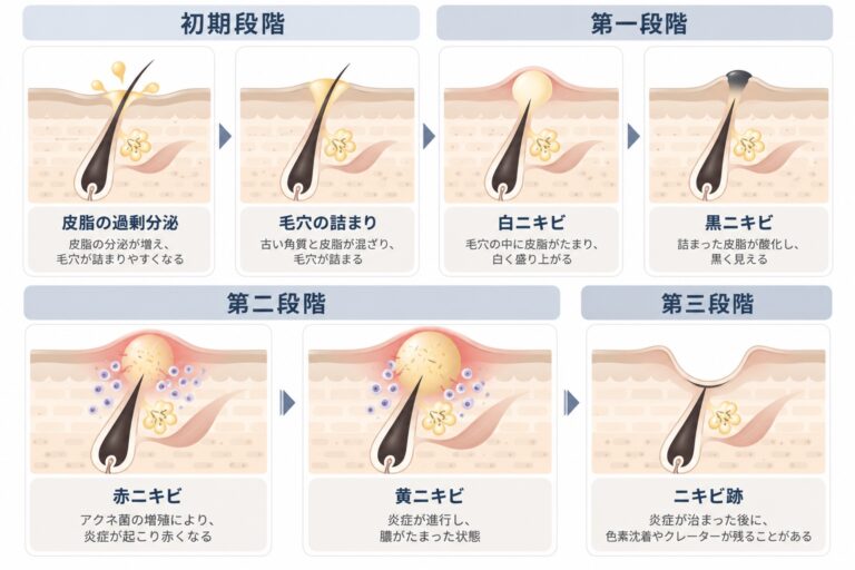 ニキビの進み方の図。初期段階：皮脂の過剰分泌、毛穴の詰まり。第一段階：白ニキビ（毛穴の中に皮脂がたまり白く盛り上がる）、黒ニキビ（詰まった皮脂が酸化し黒く見える）。第二段階：赤ニキビ（アクネ菌の増殖で炎症が起こり赤くなる）、黄ニキビ（炎症が進行し膿がたまった状態）。第三段階：ニキビ跡（炎症が治まった後に色素沈着やクレーターが残ることがある）